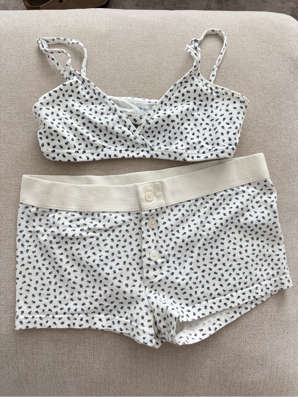 Brandy Melville White & Navy Floral Lounge Bra Top and Shorts Set